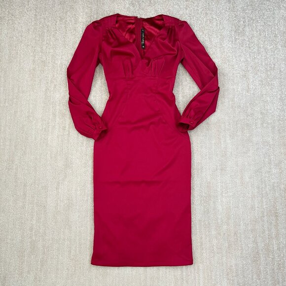 Laura Byrnes Pinup Couture Fall 2012 Red Wiggle Midi Dress S Long Sleeve - Picture 1 of 10